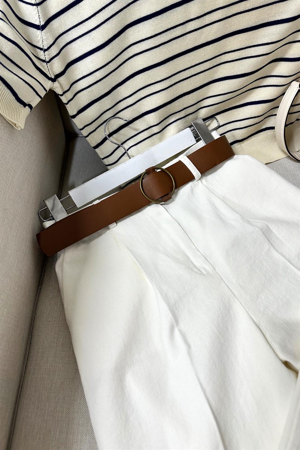 Perla Ekru Kemerli Gabardin Pantolon