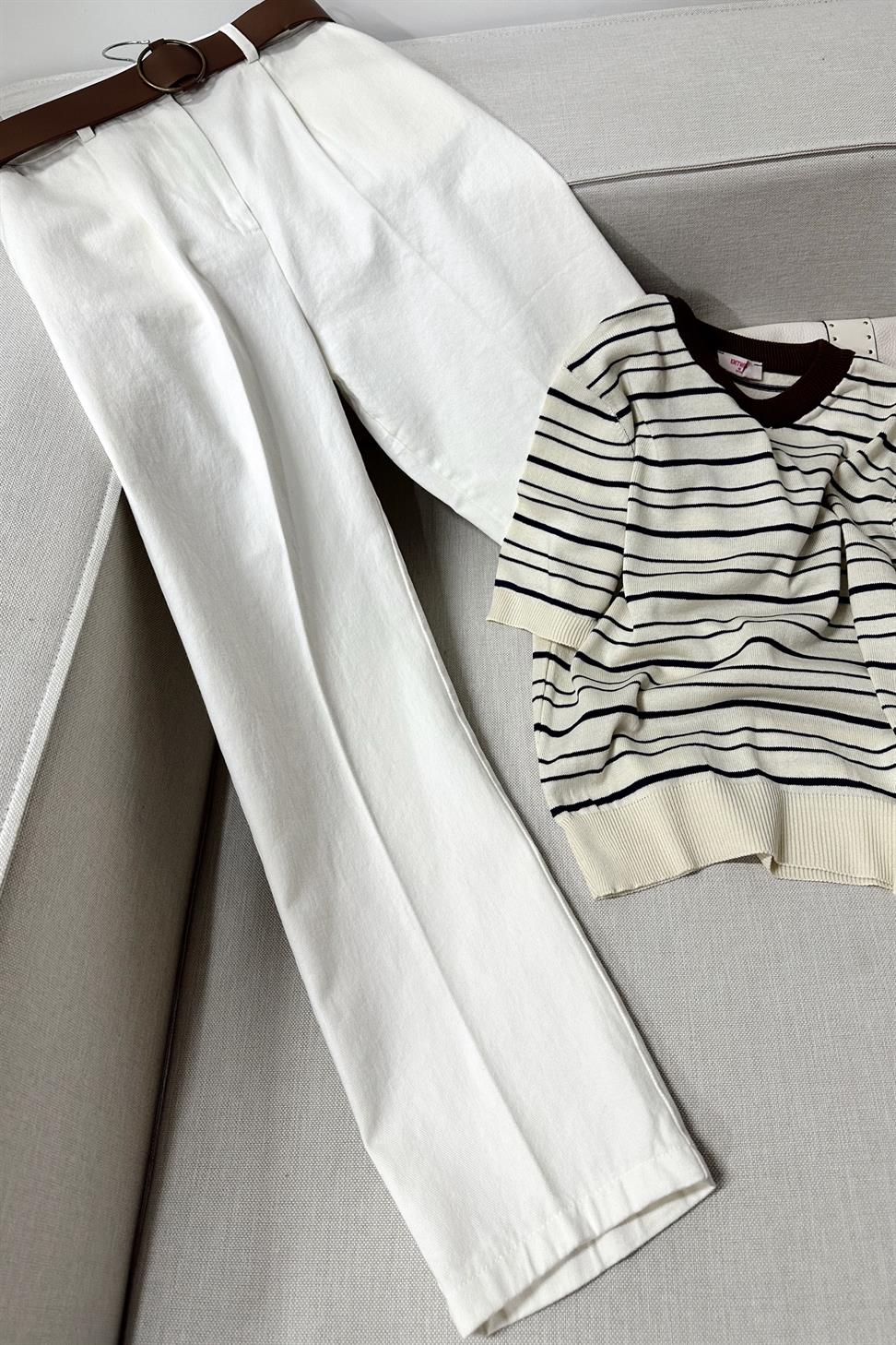 Perla Ekru Kemerli Gabardin Pantolon