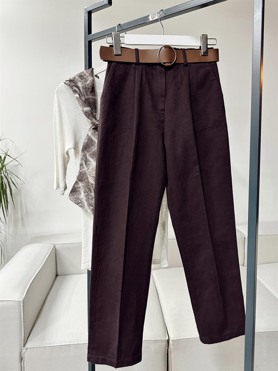 Perla Kahverengi Kemerli Gabardin Pantolon