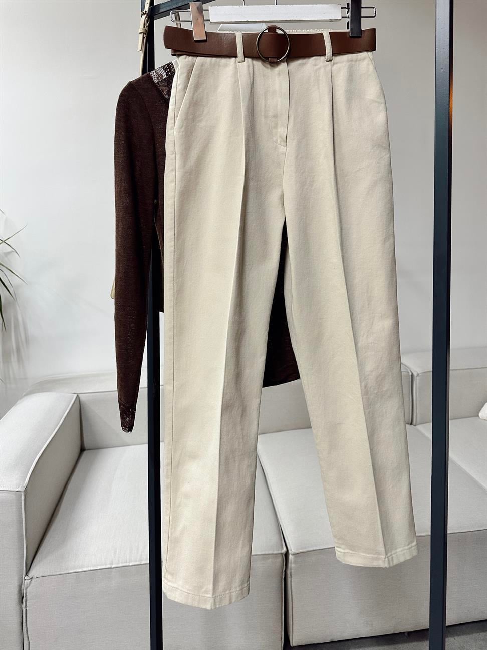 Perla Taş Kemerli Gabardin Pantolon