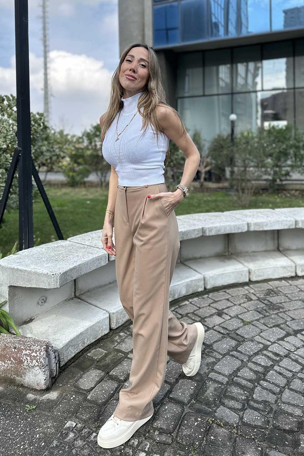 Pile Detaylı Bol Paça Kadın Kumaş Pantolon Camel