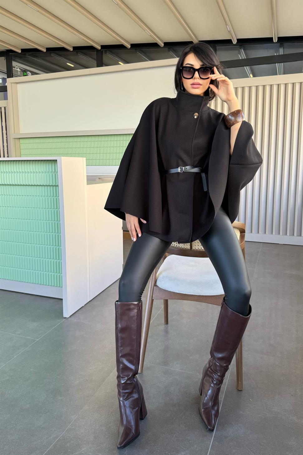 Pinterest Kemerli Kaşe Panço Kaban Siyah