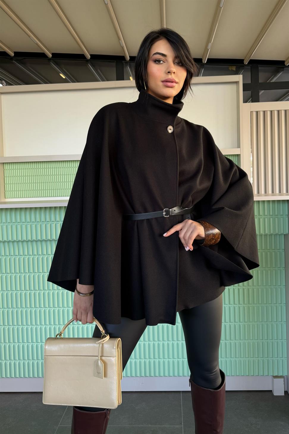 Pinterest Kemerli Kaşe Panço Kaban Siyah