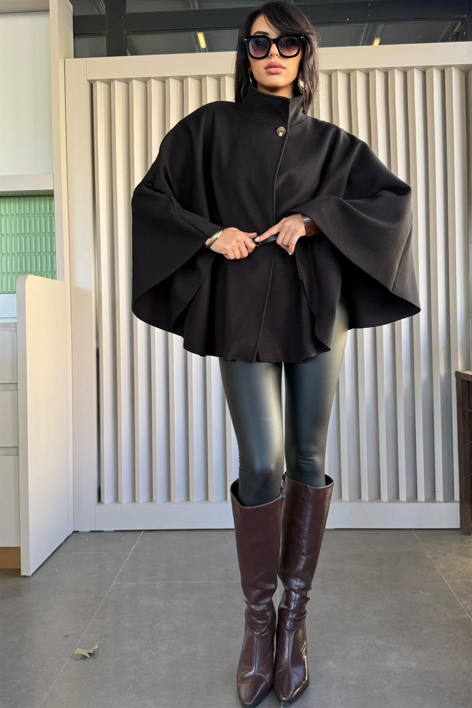 Pinterest Kemerli Kaşe Panço Kaban Siyah