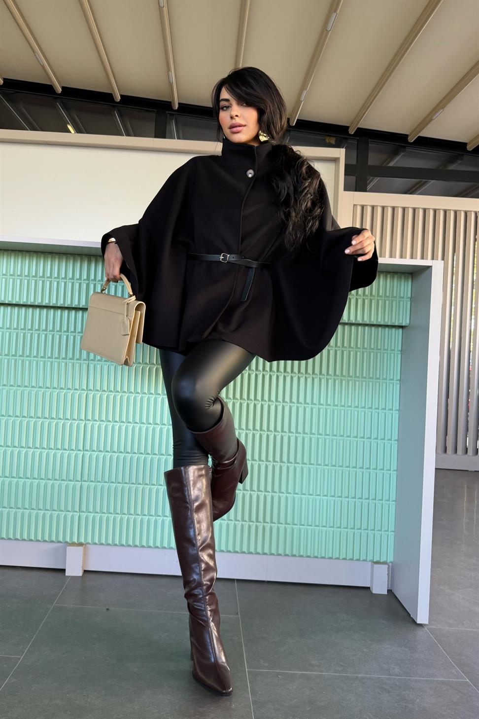 Pinterest Kemerli Kaşe Panço Kaban Siyah