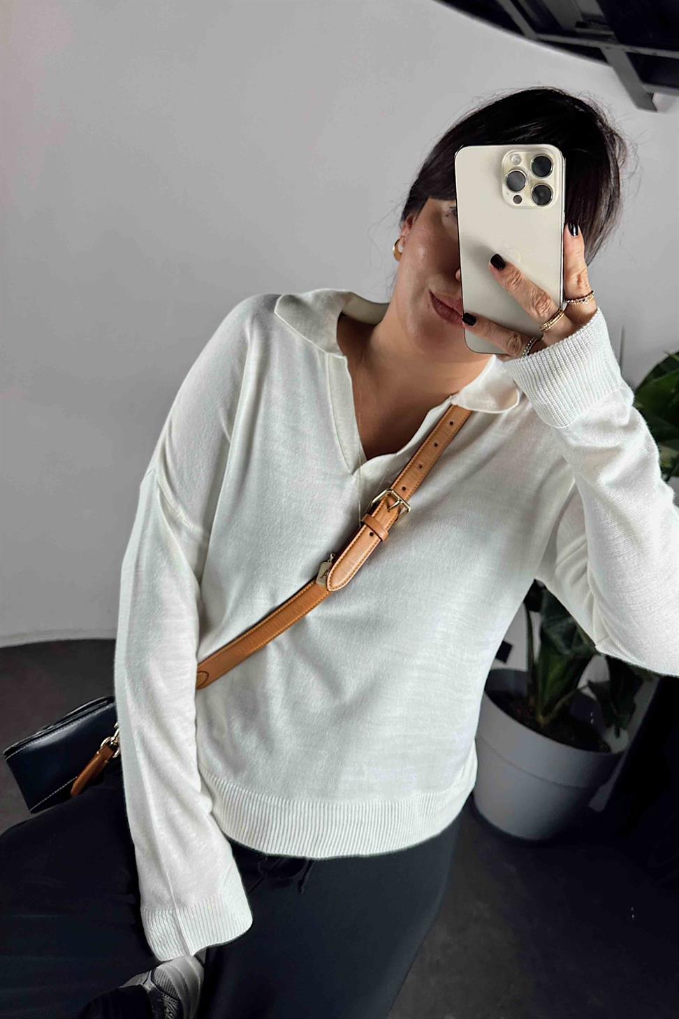 Polo Yaka Basic Triko Kazak Ekru