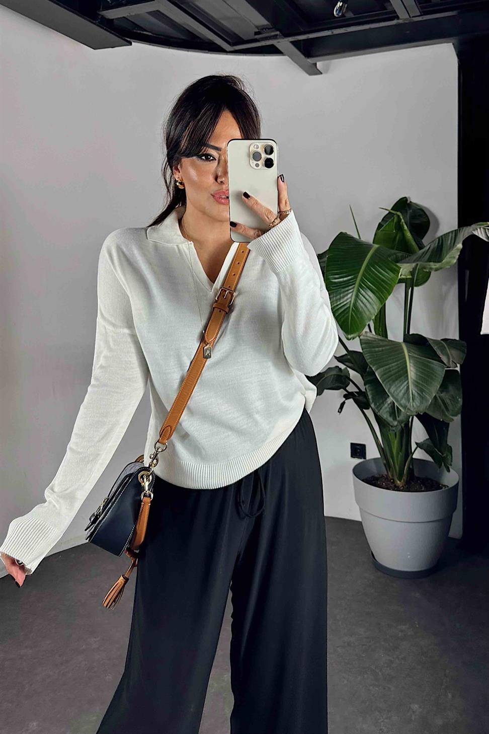 Polo Yaka Basic Triko Kazak Ekru