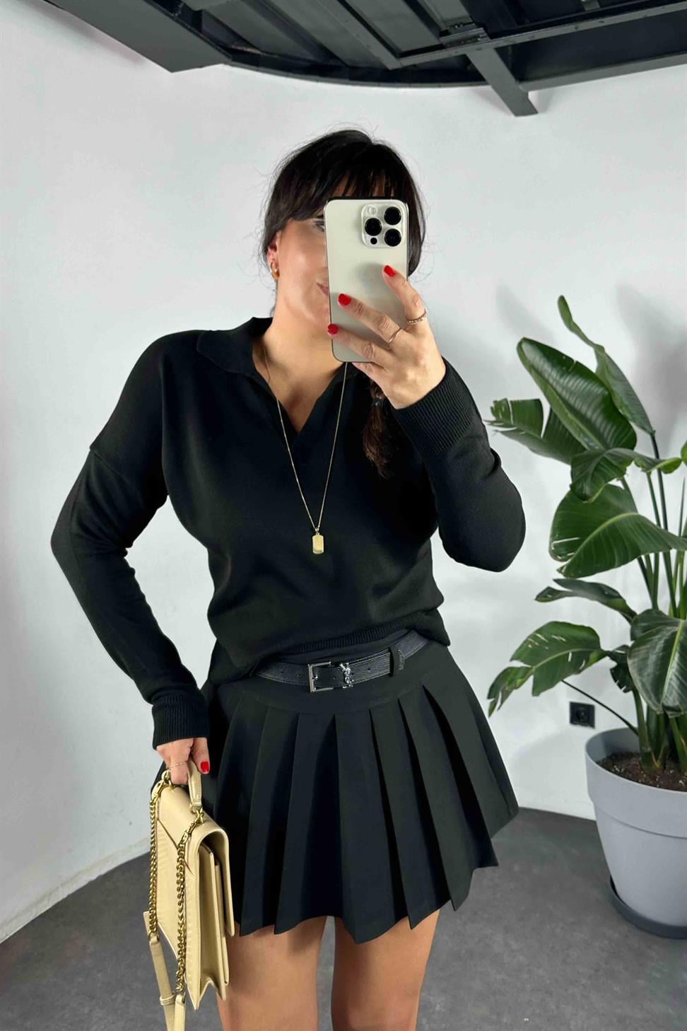 Polo Yaka Basic Triko Kazak Siyah