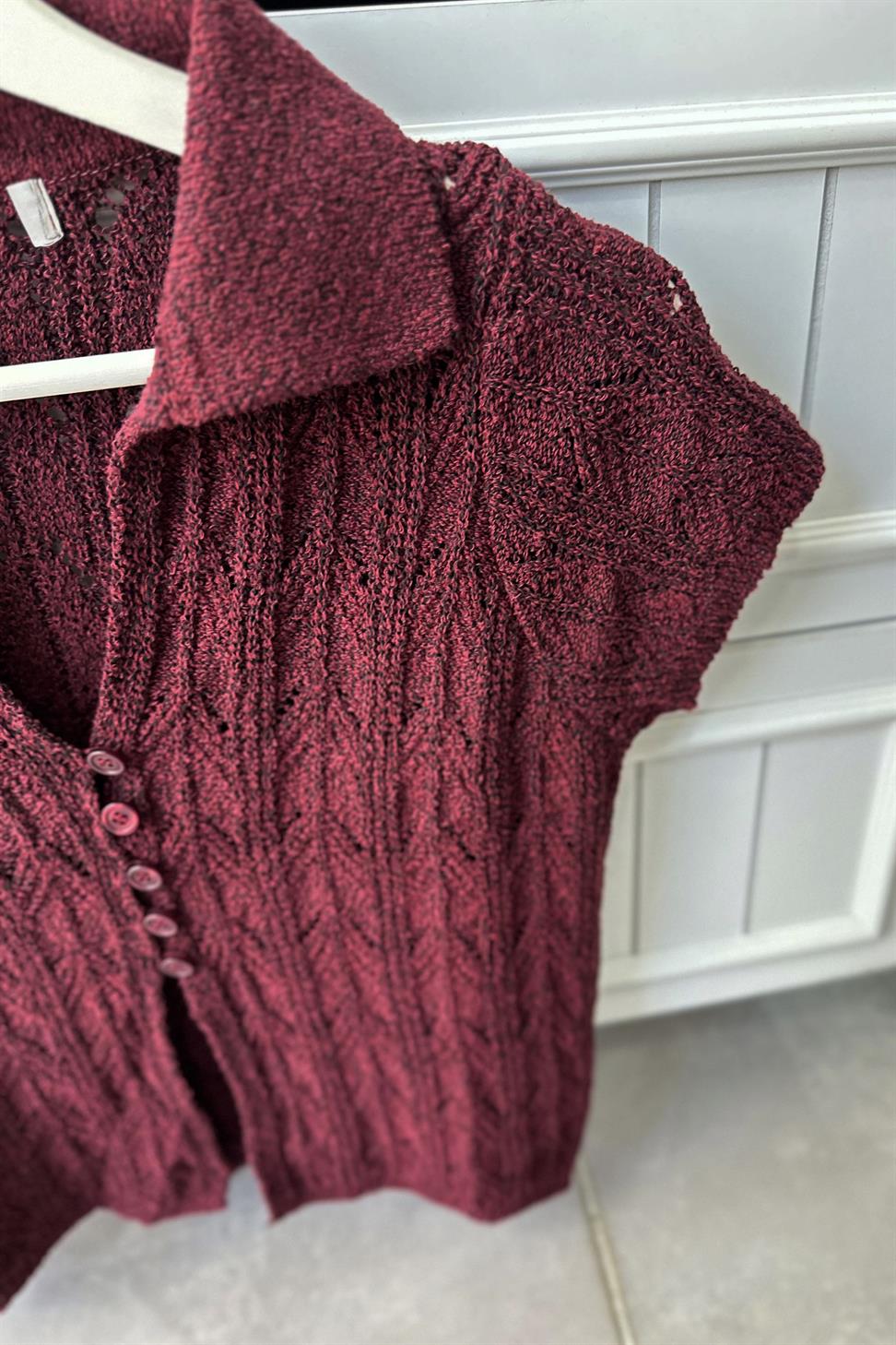 Polo Yaka Düğmeli Triko Bluz Bordo