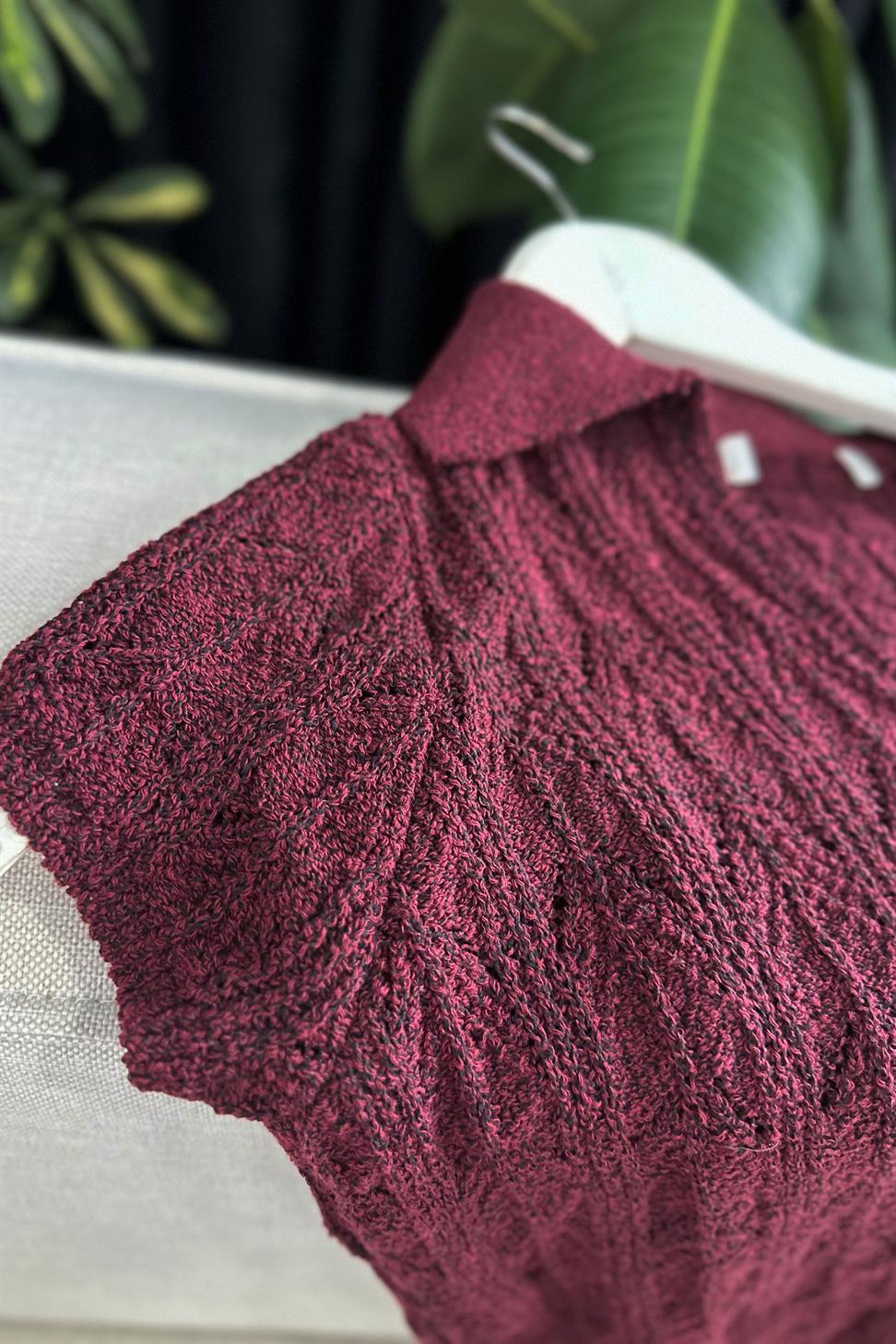 Polo Yaka Düğmeli Triko Bluz Bordo