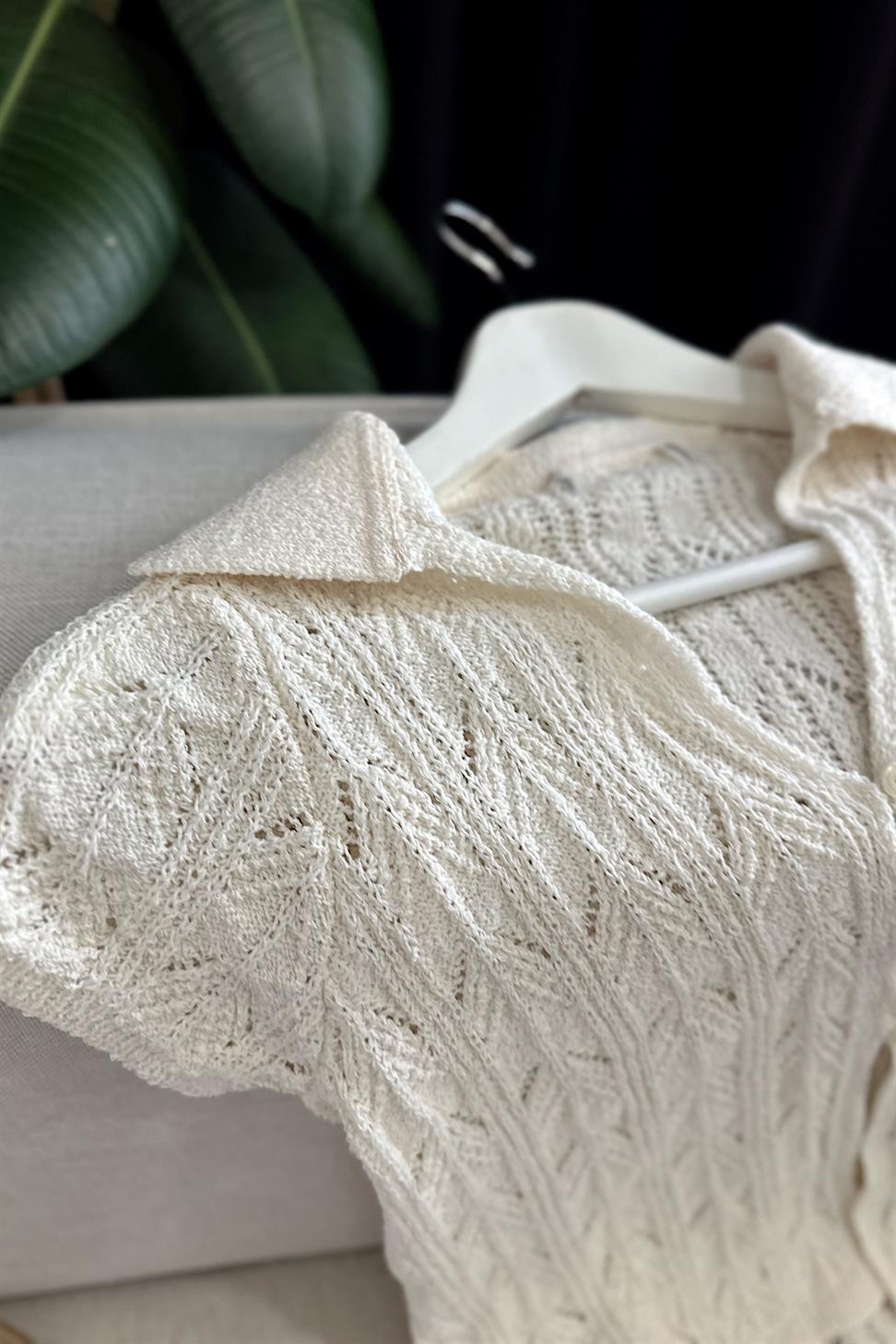 Polo Yaka Düğmeli Triko Bluz Ekru