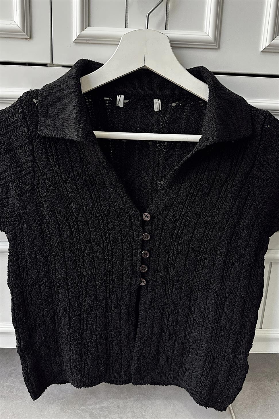 Polo Yaka Düğmeli Triko Bluz Siyah