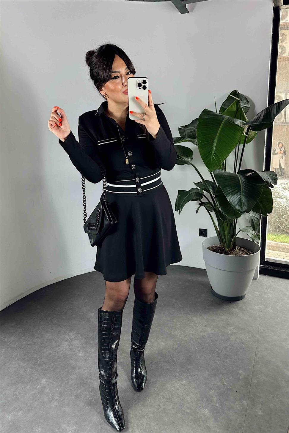 Polo Yaka Ribana Detay İkili Kadın Takım Siyah