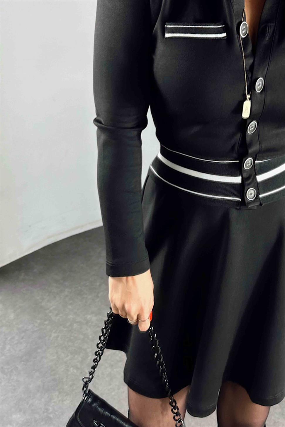 Polo Yaka Ribana Detay İkili Kadın Takım Siyah