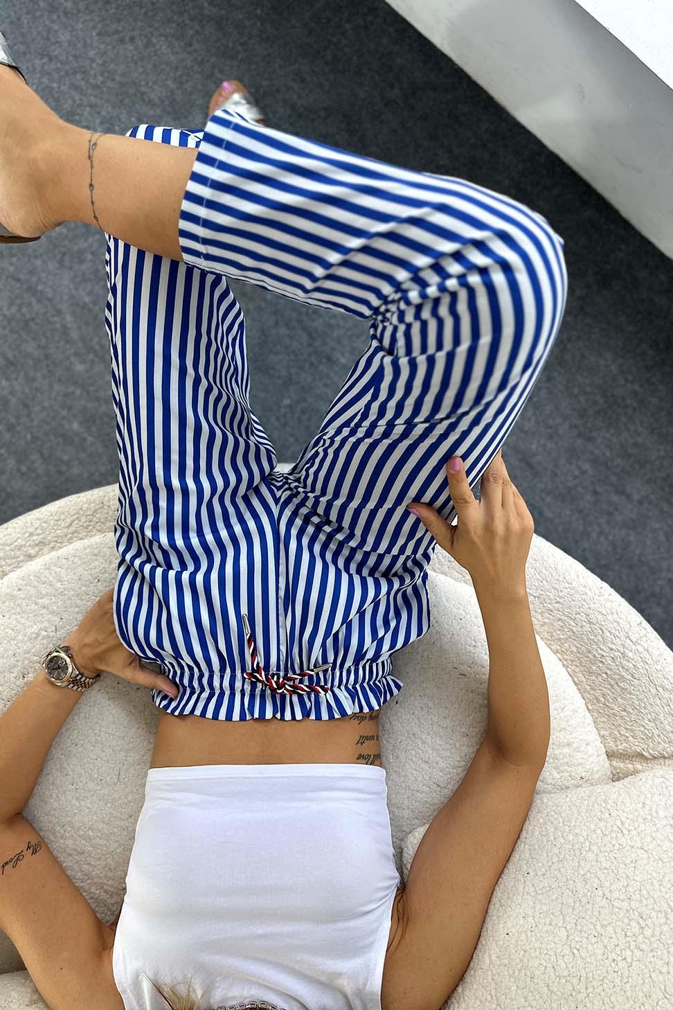 Poplin Kumaş Beli İp Bağlamalı Çizgi Detaylı Kadın Pantolon Mavi