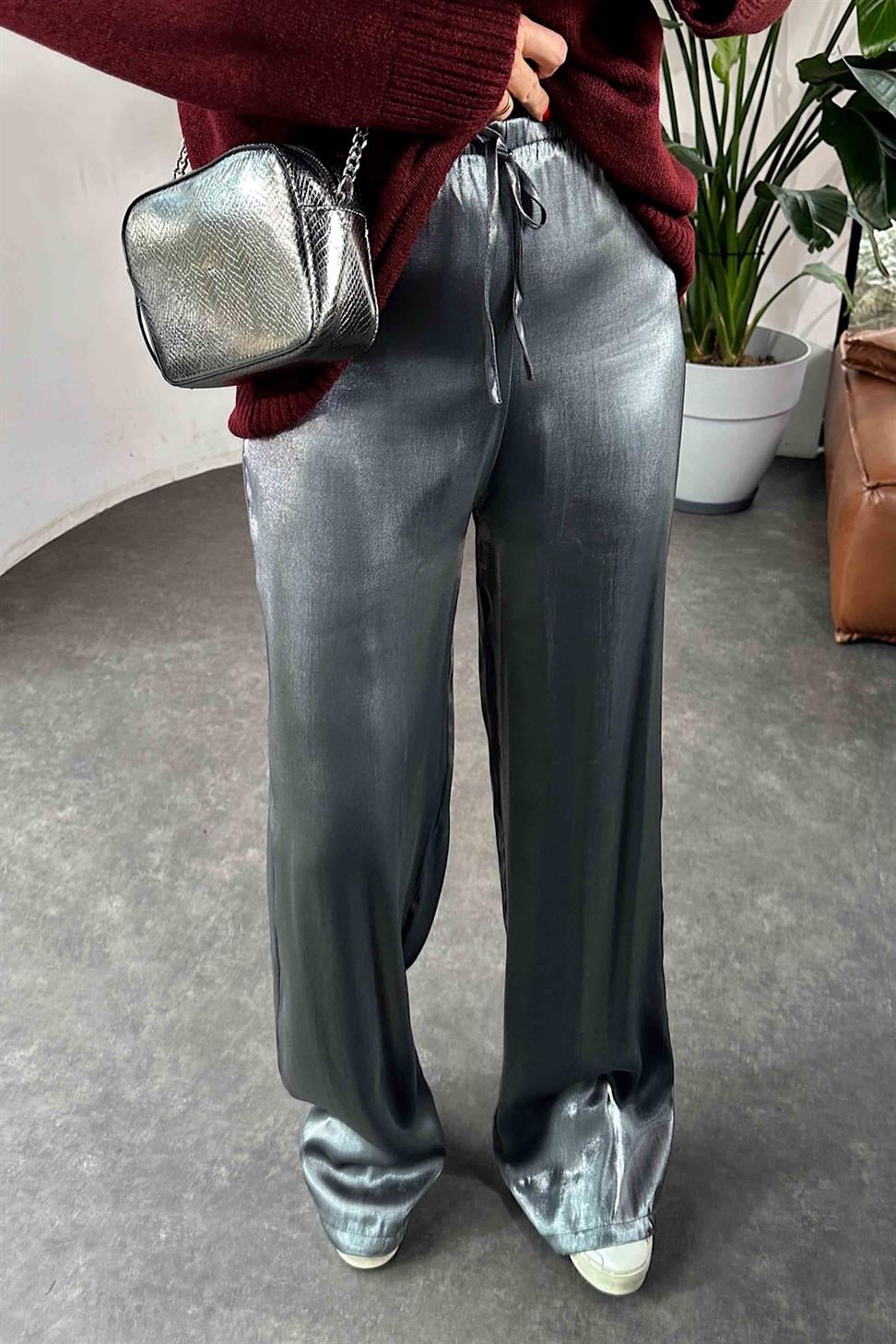 Premium Kalite Parlak Saten Beli Lastikli Palazzo Pantolon Antrasit