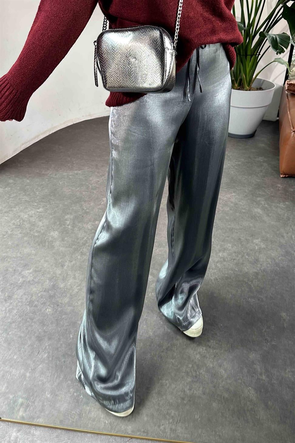 Premium Kalite Parlak Saten Beli Lastikli Palazzo Pantolon Antrasit