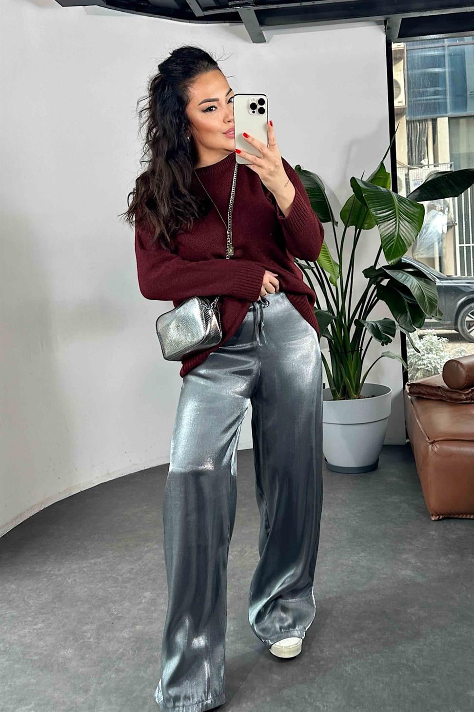 Premium Kalite Parlak Saten Beli Lastikli Palazzo Pantolon Antrasit