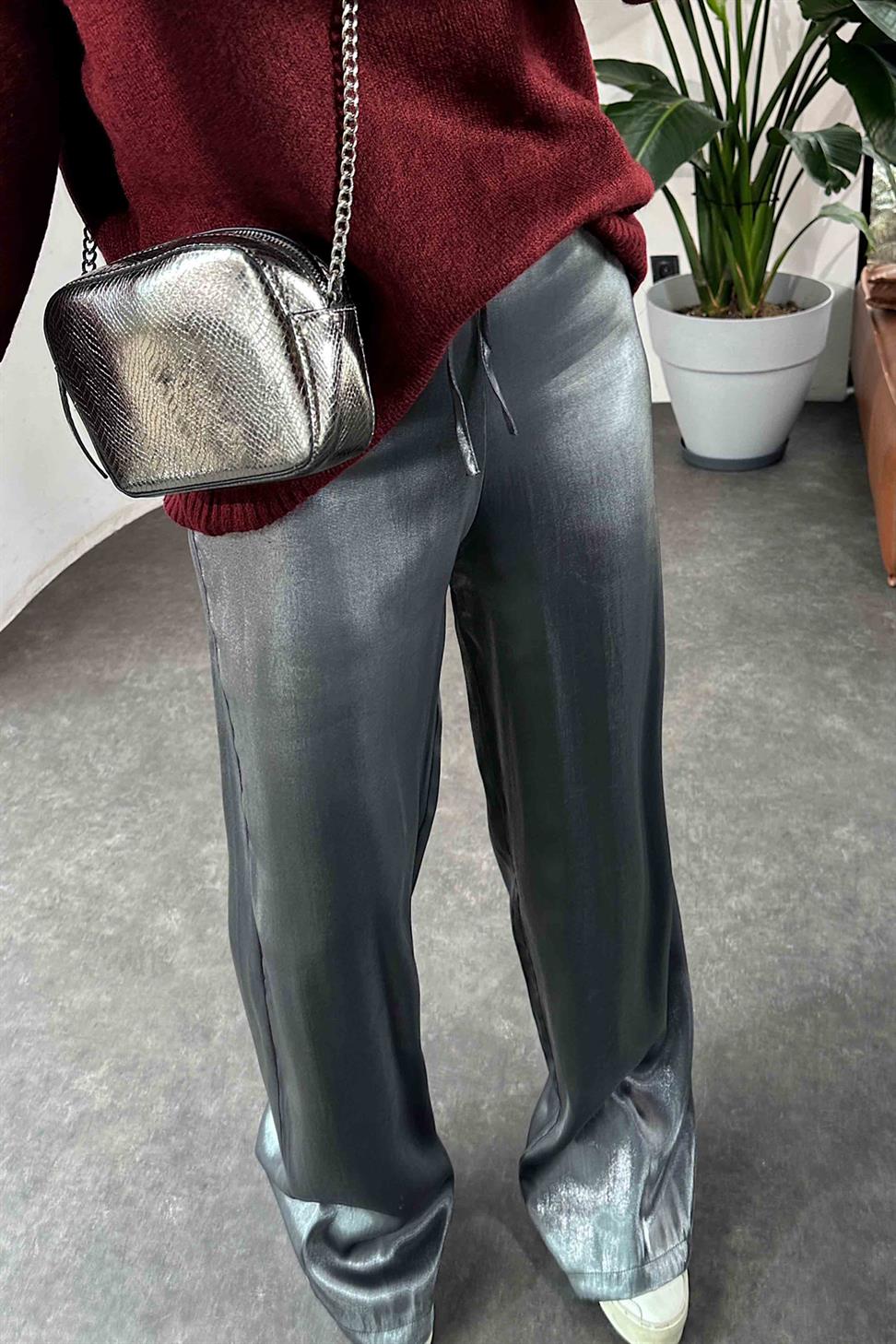 Premium Kalite Parlak Saten Beli Lastikli Palazzo Pantolon Antrasit