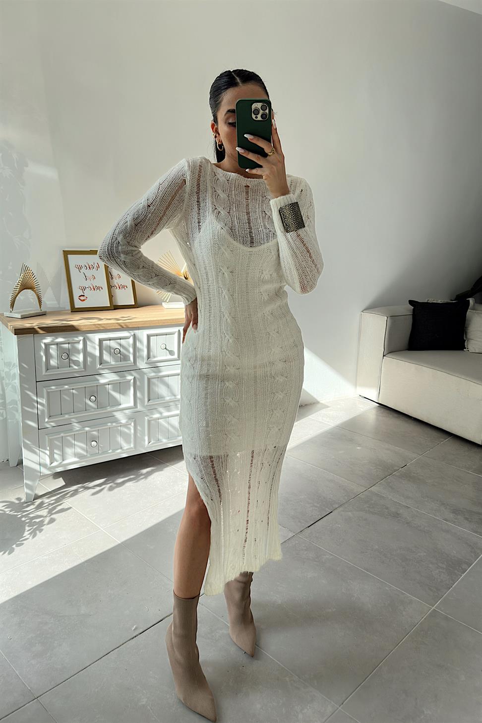 Premium Kalite Ajurlu Triko Elbise Ekru