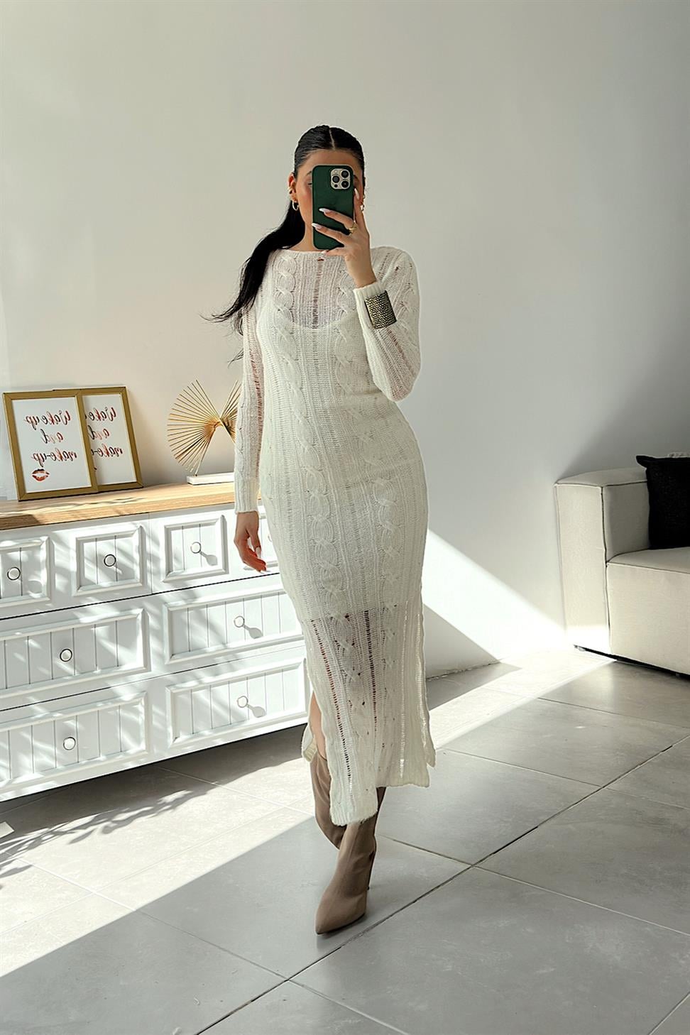 Premium Kalite Ajurlu Triko Elbise Ekru