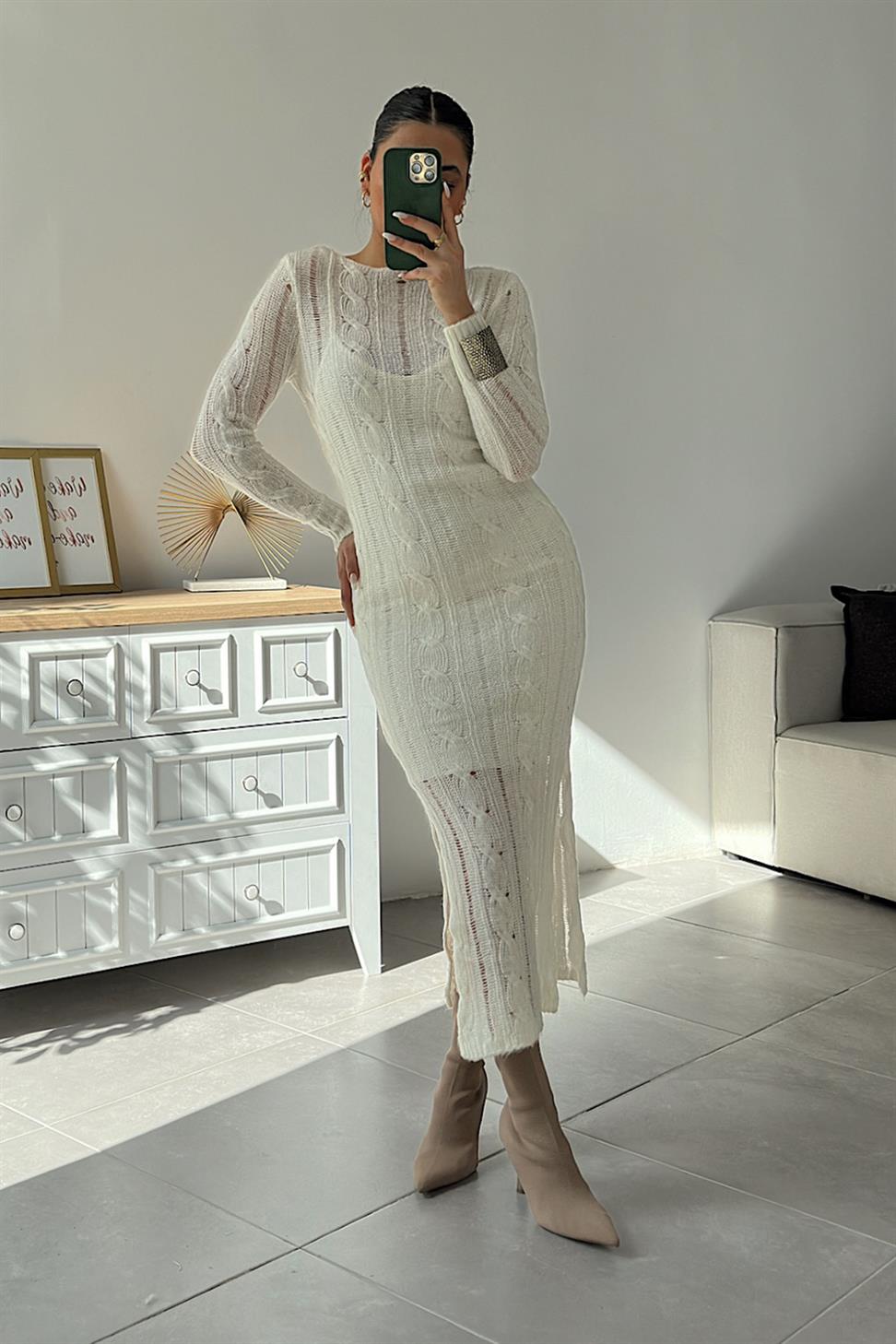 Premium Kalite Ajurlu Triko Elbise Ekru