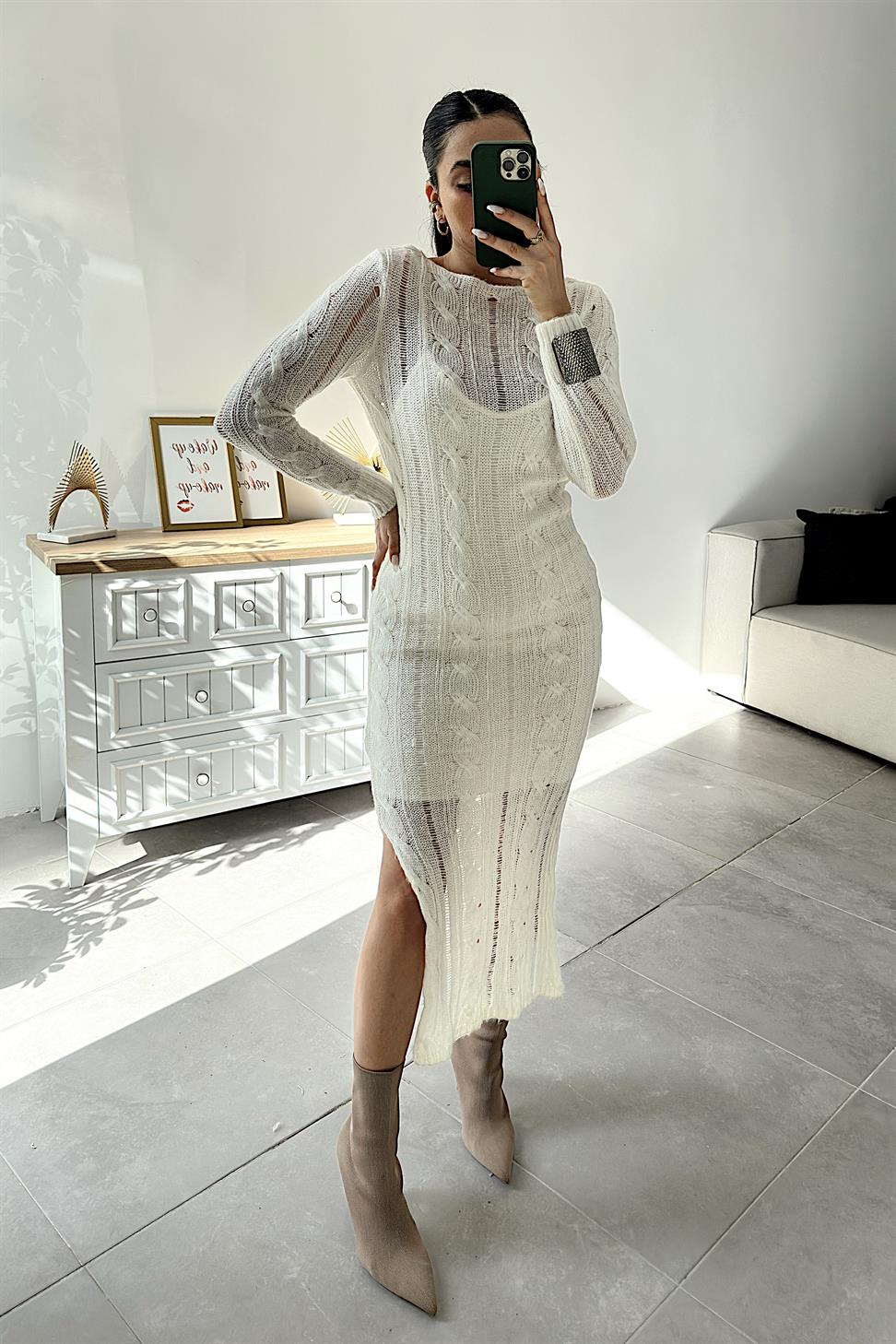 Premium Kalite Ajurlu Triko Elbise Ekru