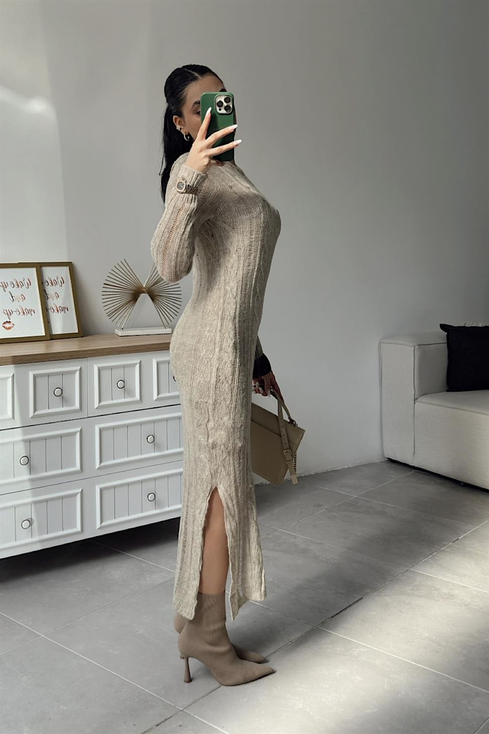 Premium Kalite Ajurlu Triko Elbise Taş