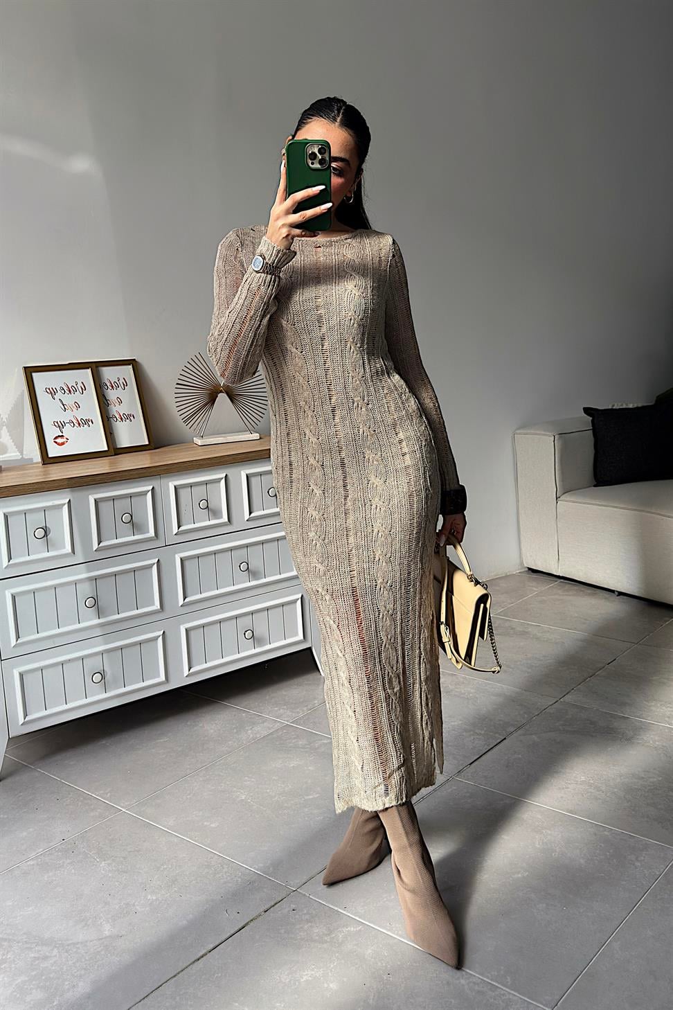 Premium Kalite Ajurlu Triko Elbise Taş