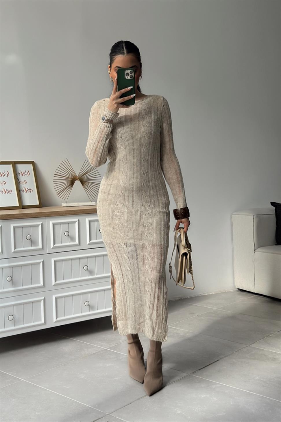 Premium Kalite Ajurlu Triko Elbise Taş