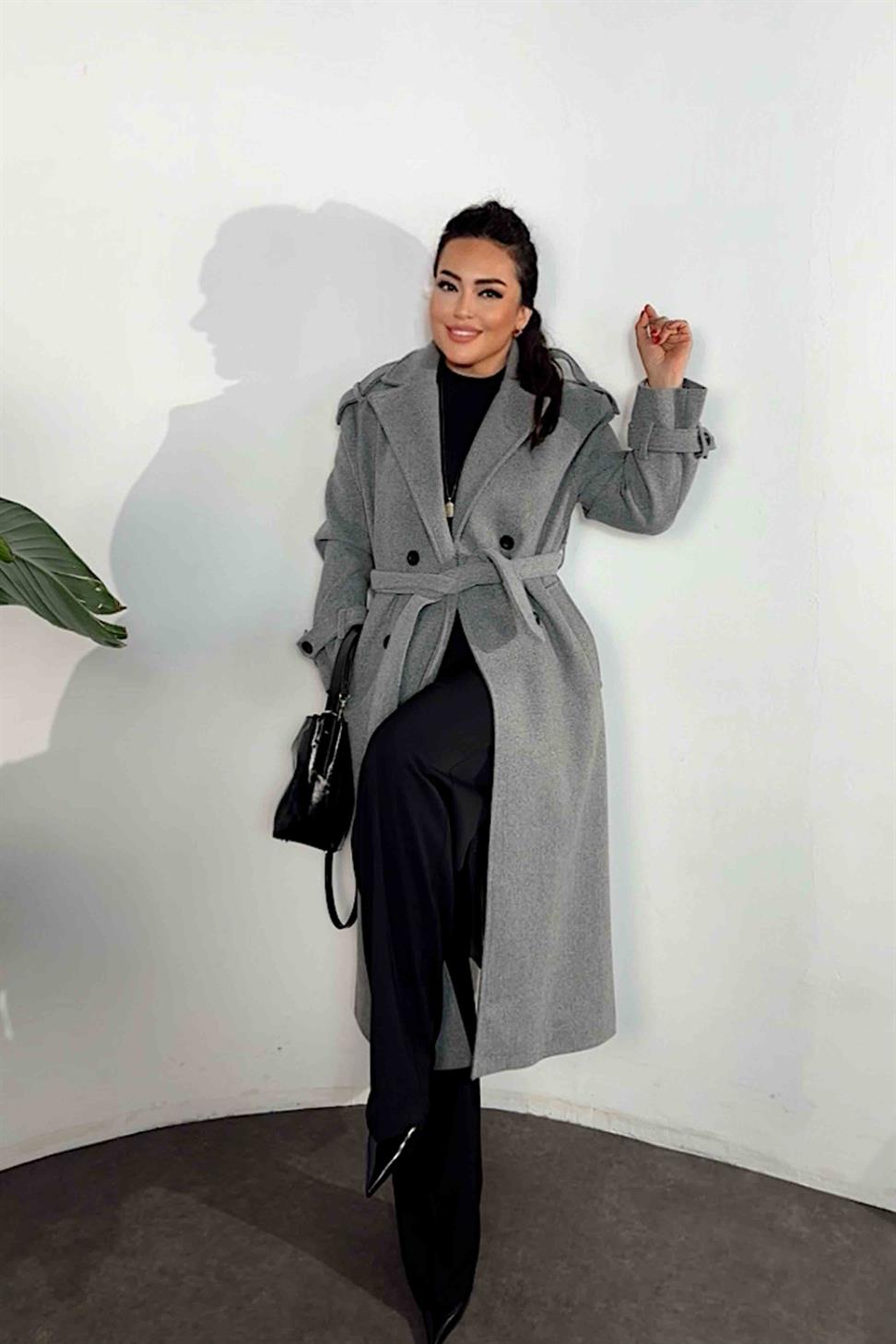 Premium Kalite Apoletli Kuşaklı Kaşa Kaban Gri