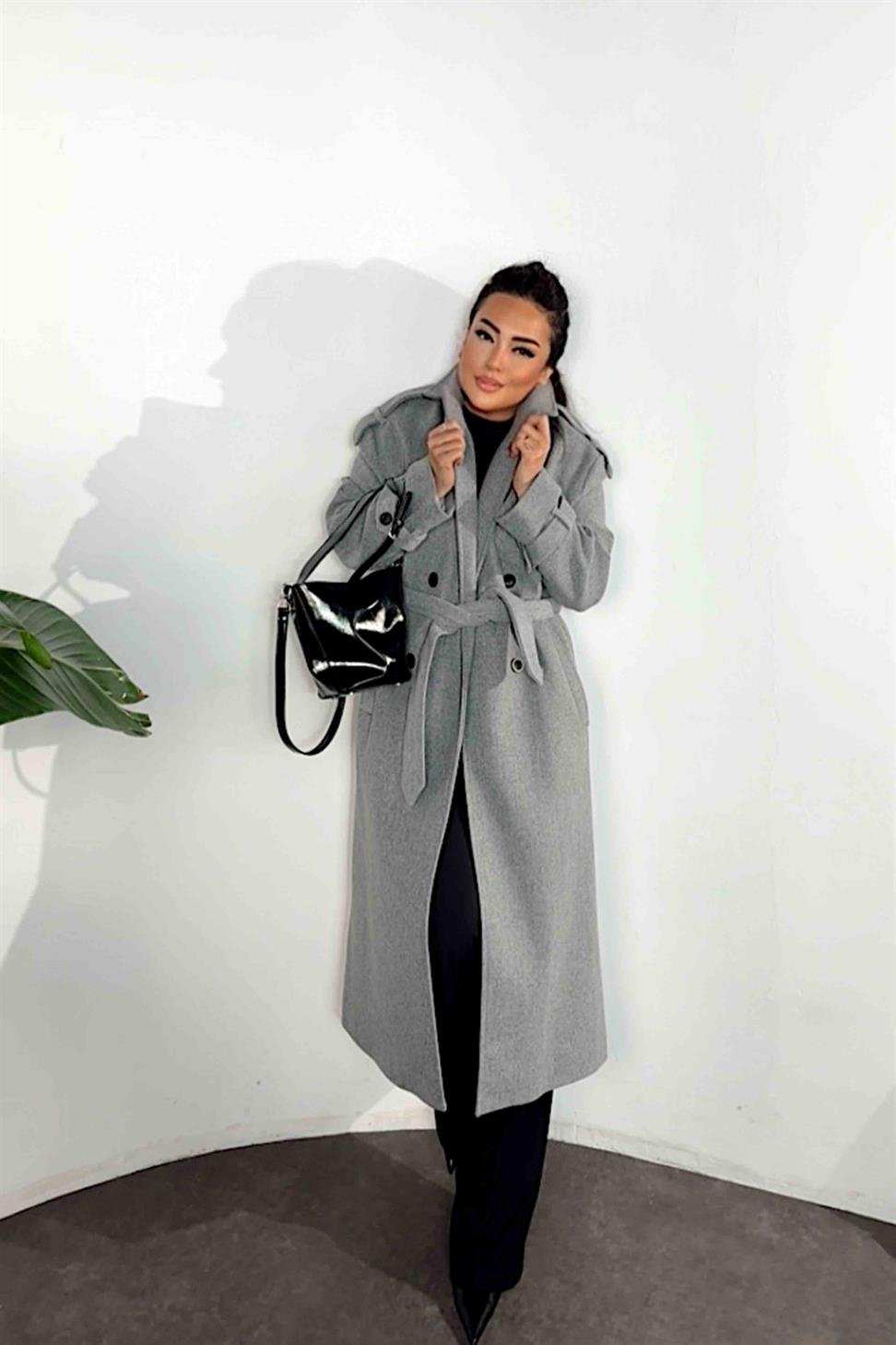 Premium Kalite Apoletli Kuşaklı Kaşa Kaban Gri