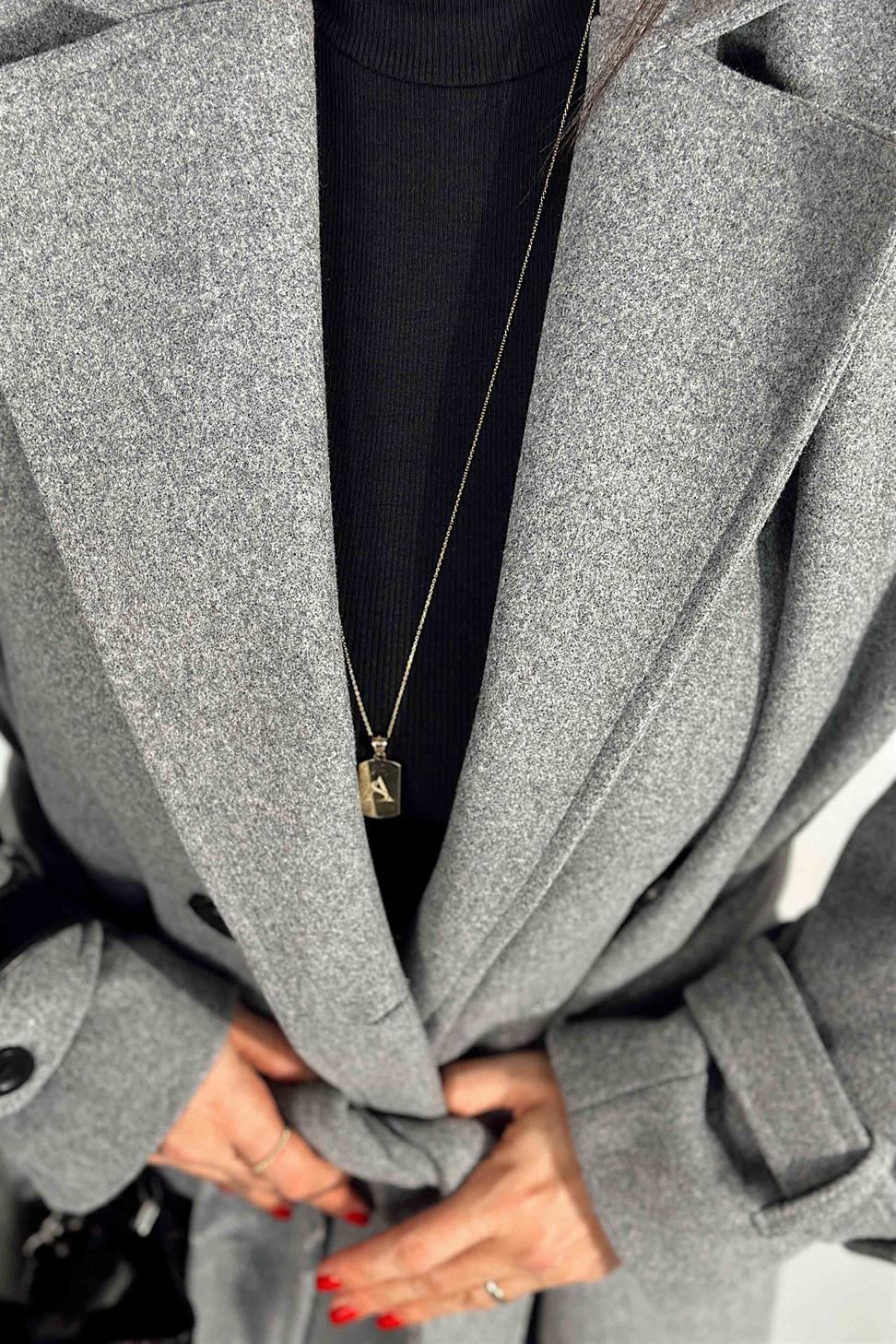 Premium Kalite Apoletli Kuşaklı Kaşa Kaban Gri