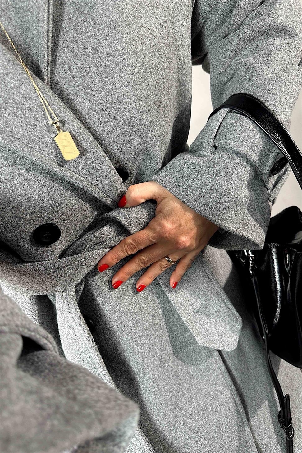 Premium Kalite Apoletli Kuşaklı Kaşa Kaban Gri