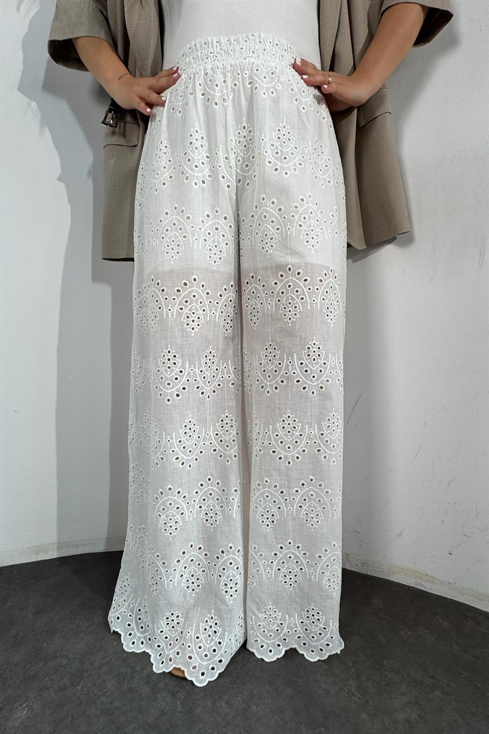 Premium Kalite Astar Detaylı Fisto Palazzo Pantolon Beyaz