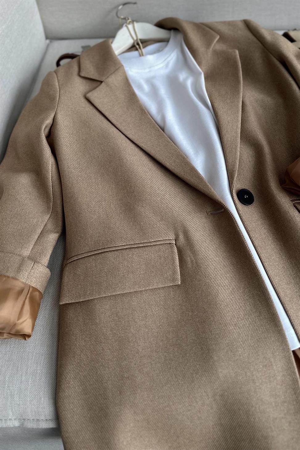 Premium Kalite Astarlı Blazer Ceket Camel