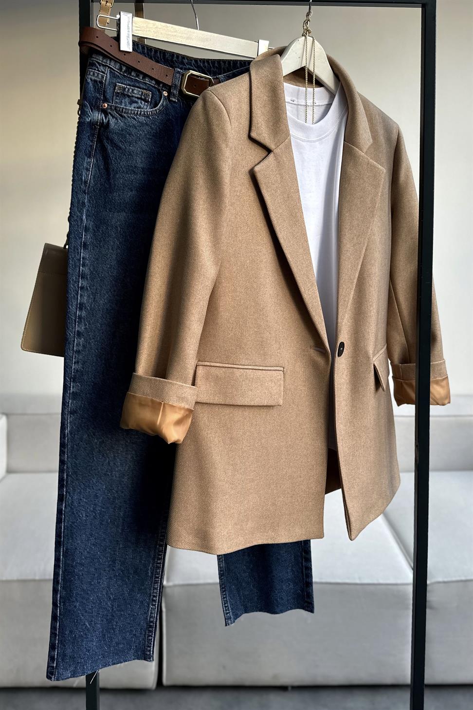 Premium Kalite Astarlı Blazer Ceket Camel