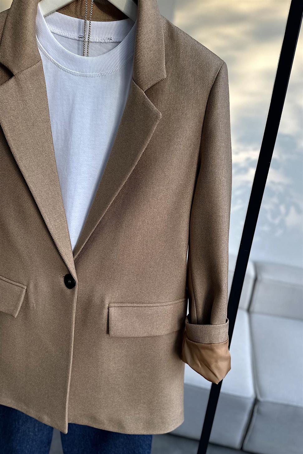 Premium Kalite Astarlı Blazer Ceket Camel