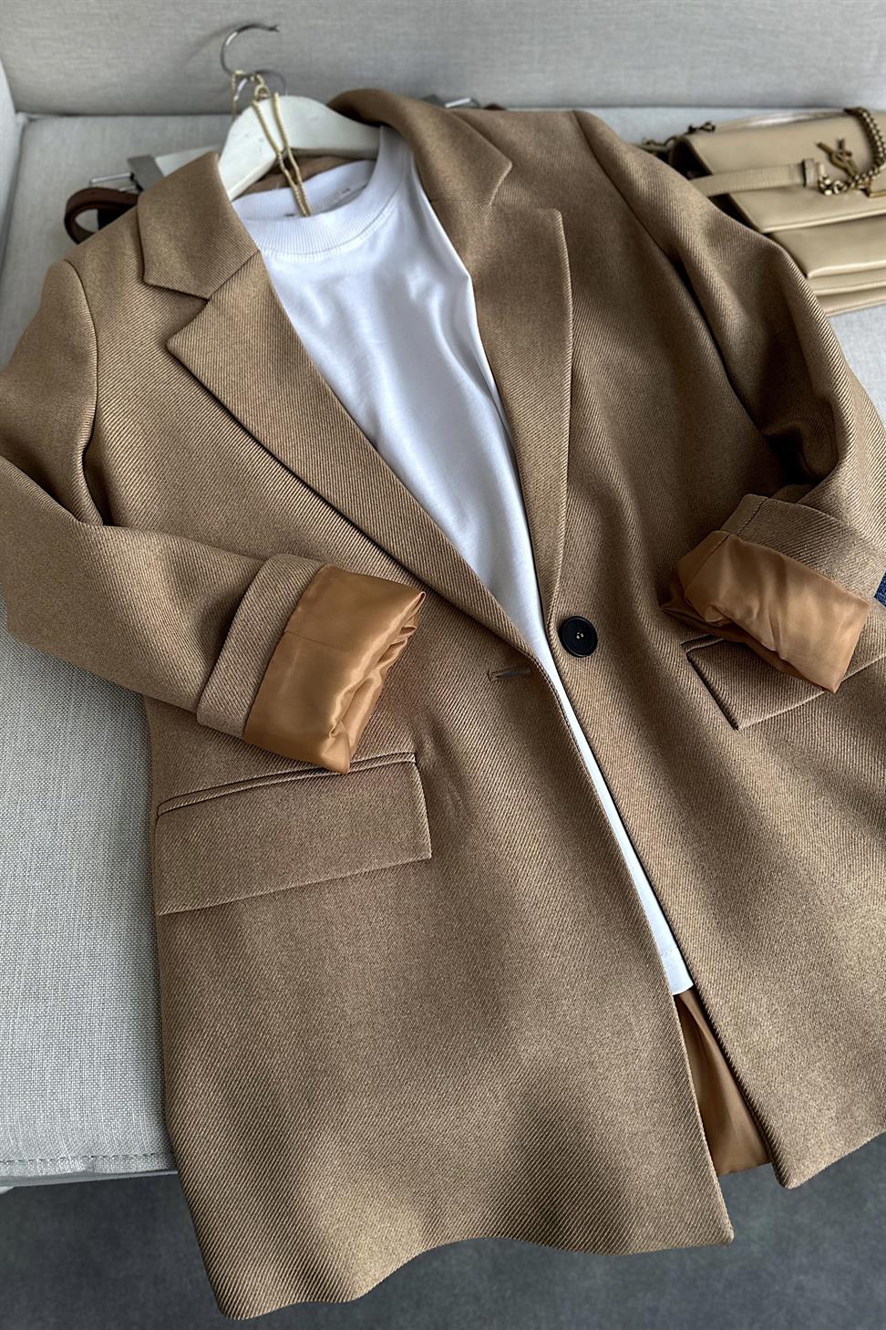 Premium Kalite Astarlı Blazer Ceket Camel