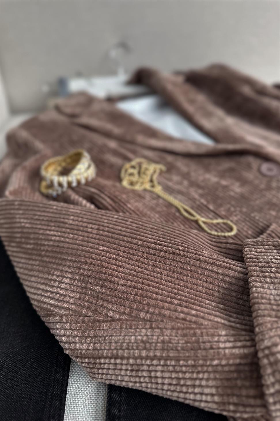Premium Kalite Astarlı Kadife Blazer Ceket Vizon