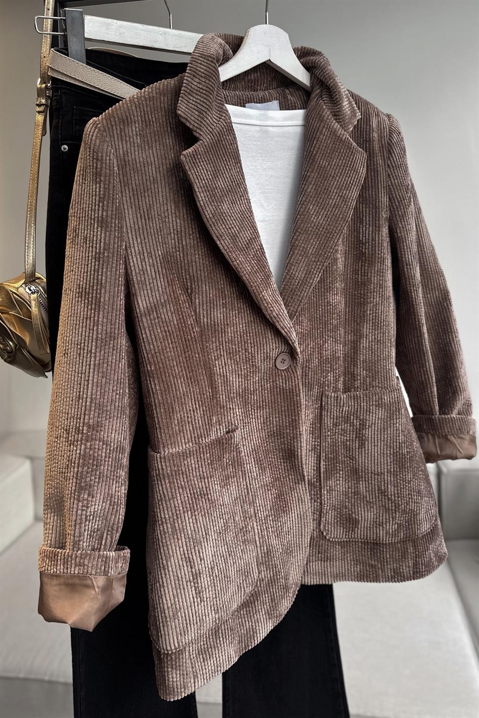 Premium Kalite Astarlı Kadife Blazer Ceket Vizon