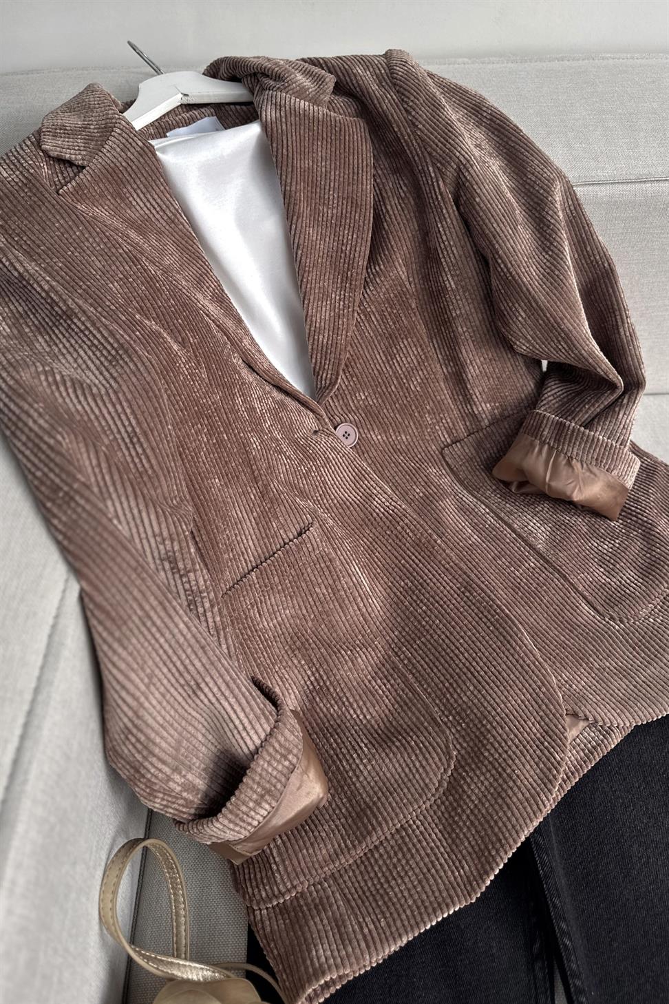 Premium Kalite Astarlı Kadife Blazer Ceket Vizon