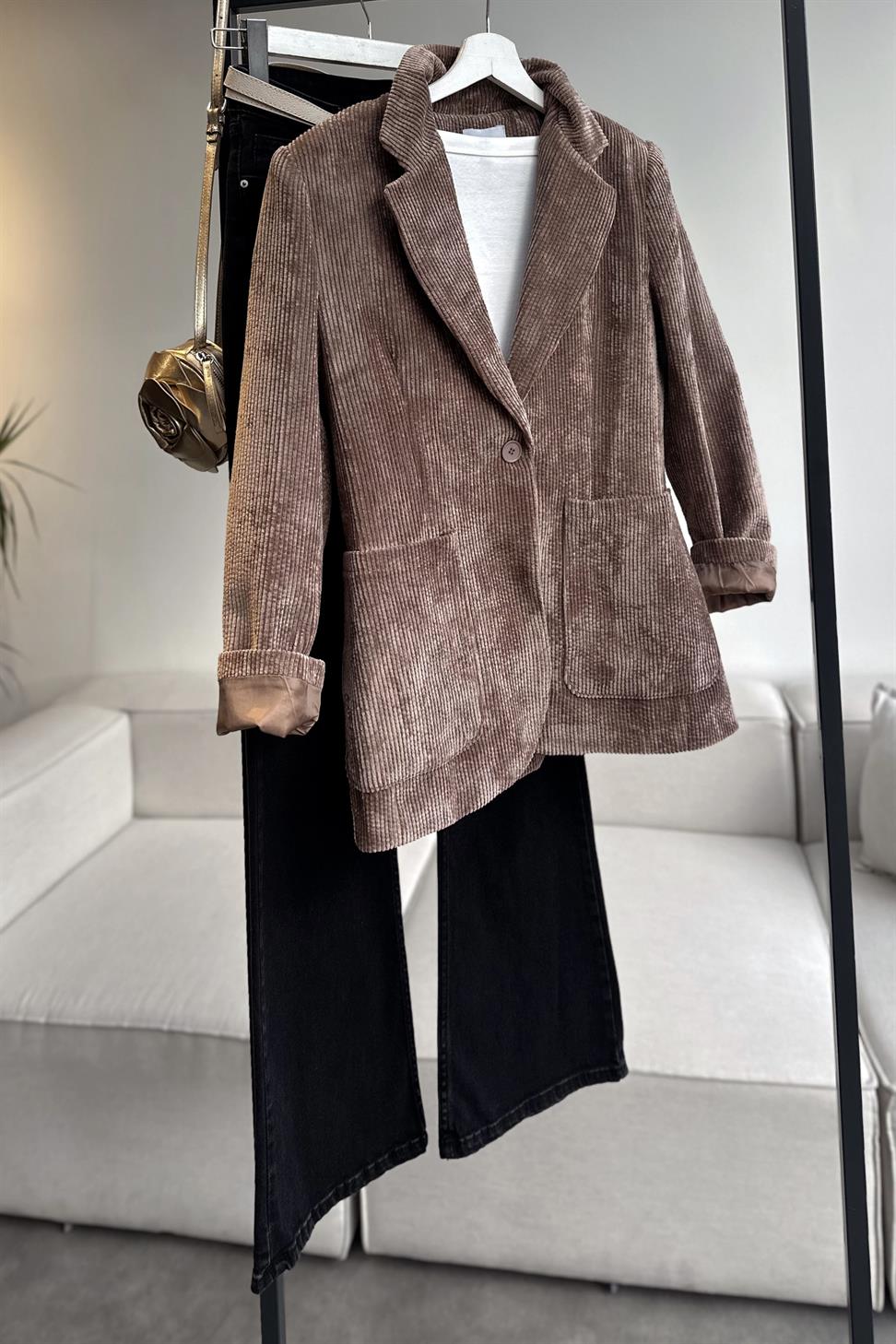 Premium Kalite Astarlı Kadife Blazer Ceket Vizon