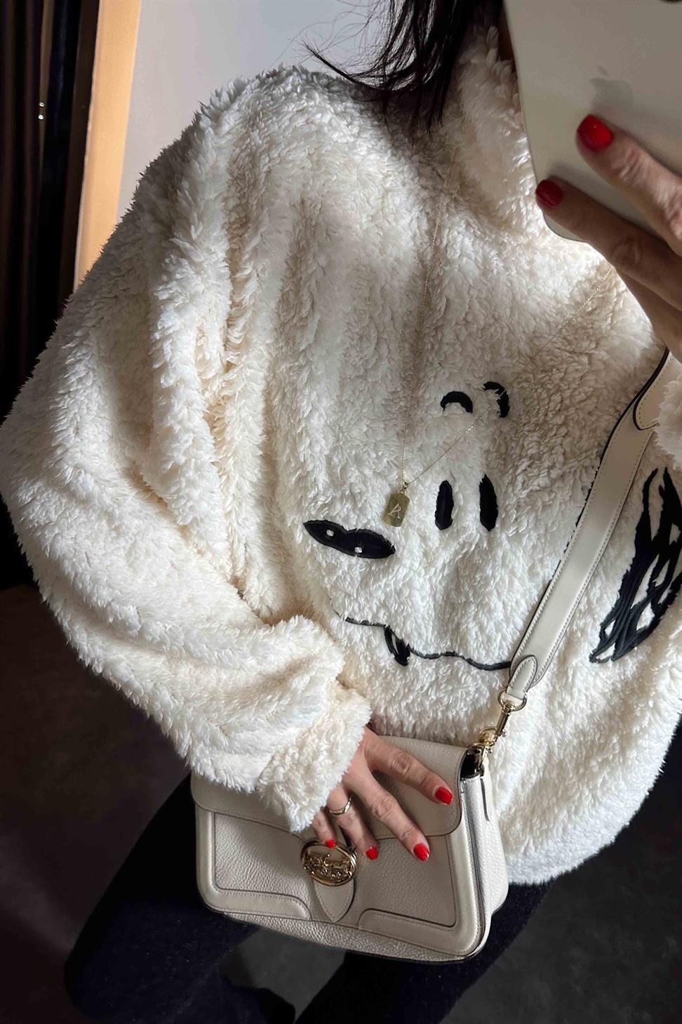 Premium Kalite Balıkçı Yaka Nakış İşlemeli Sweat Ekru