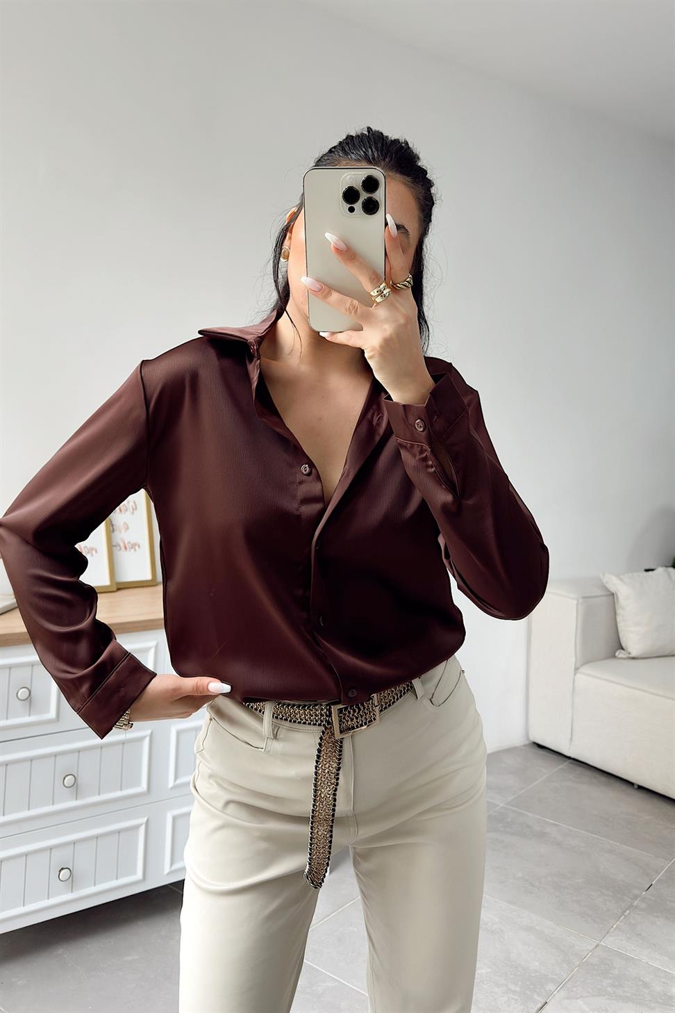 Premium Kalite Basic Saten Gömlek Acı Kahve