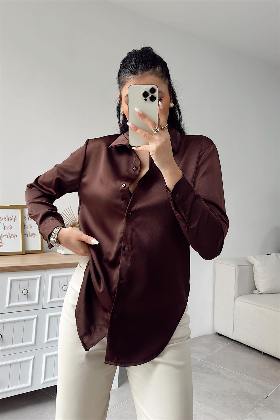 Premium Kalite Basic Saten Gömlek Acı Kahve