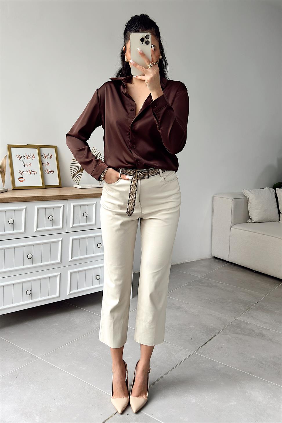 Premium Kalite Basic Saten Gömlek Acı Kahve