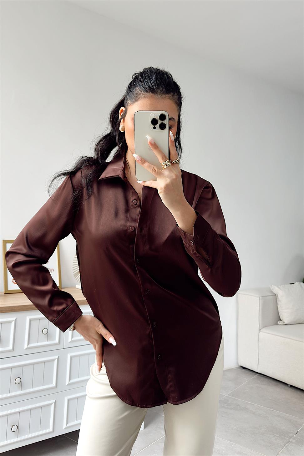 Premium Kalite Basic Saten Gömlek Acı Kahve