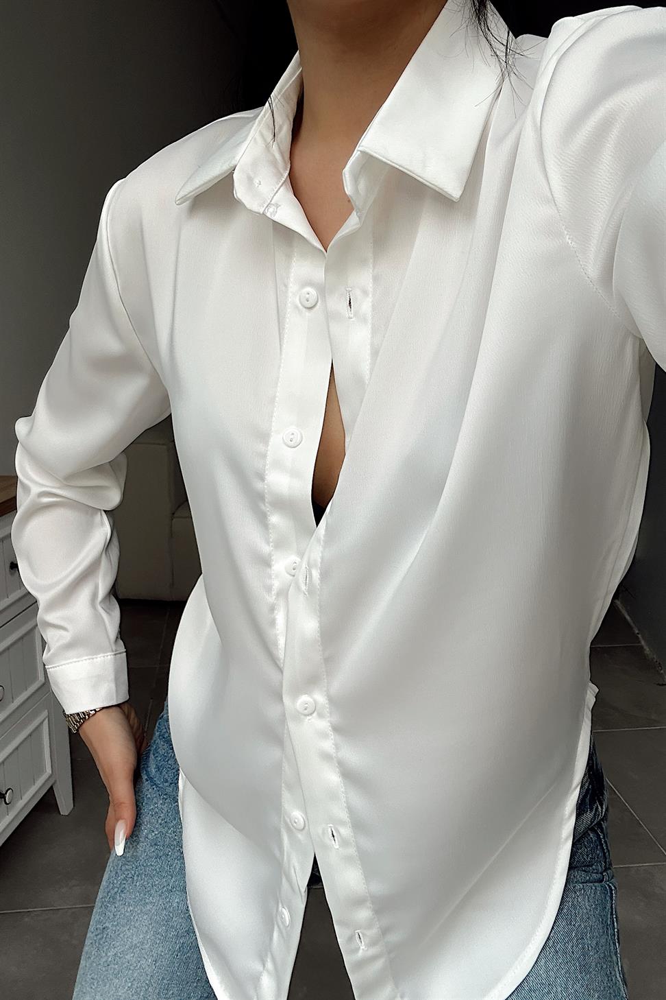 Premium Kalite Basic Saten Gömlek Beyaz