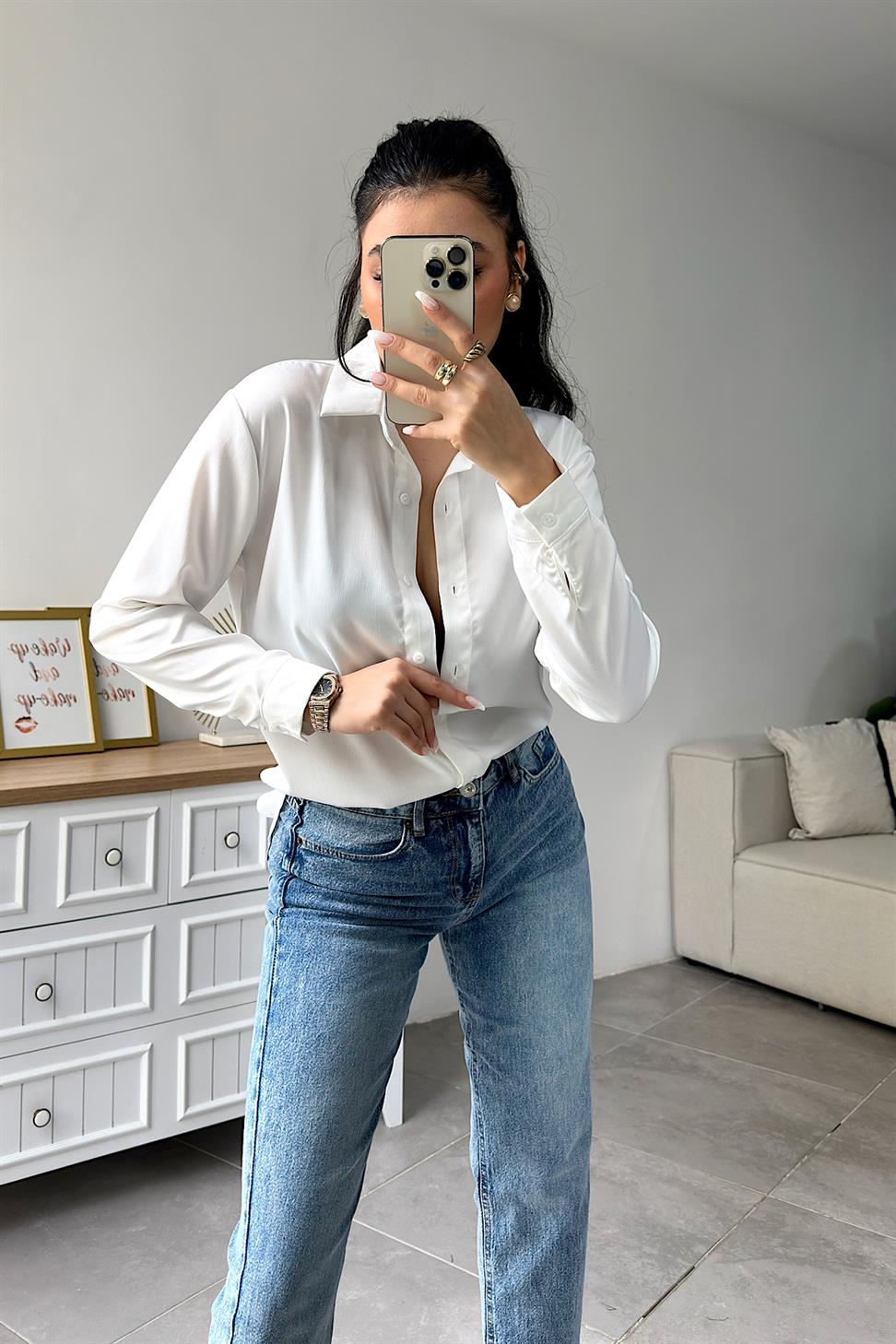 Premium Kalite Basic Saten Gömlek Beyaz